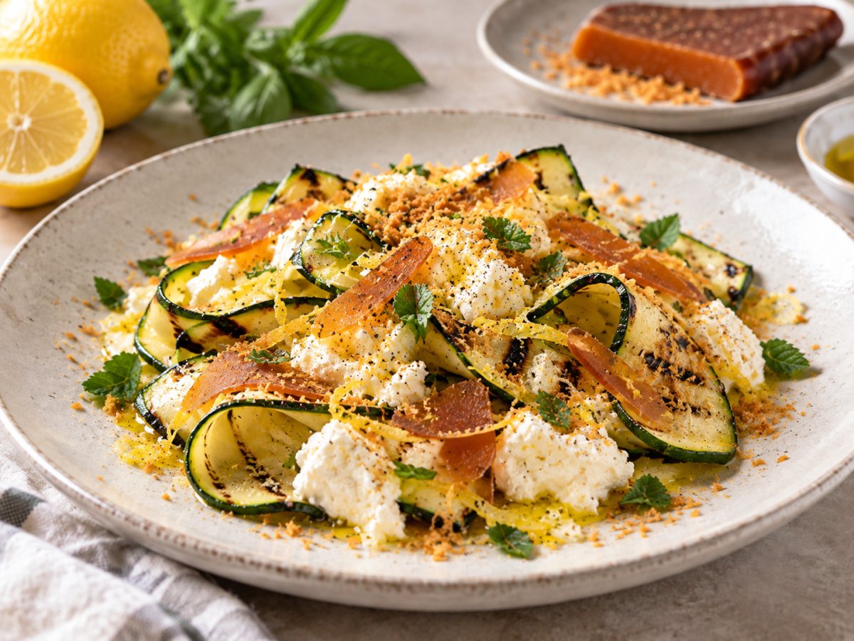 Courgettes grillées, ricotta et poutargue