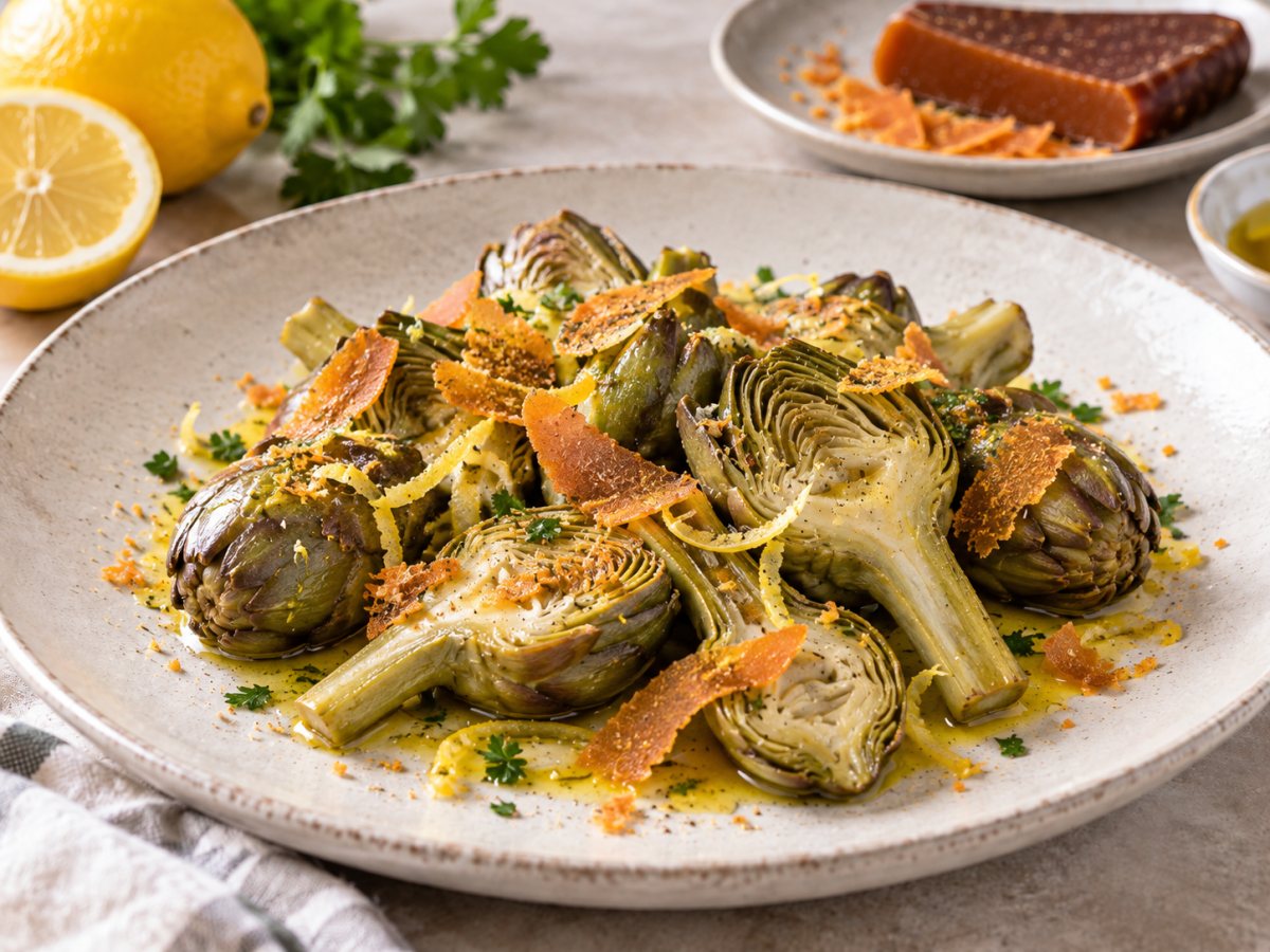 Artichauts poivrade, citron et poutargue